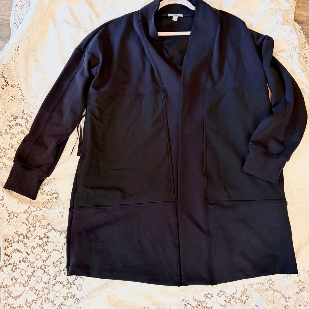 FLX Long Black Open Front Cardigan Jacket | Athleisure Layer | Size L